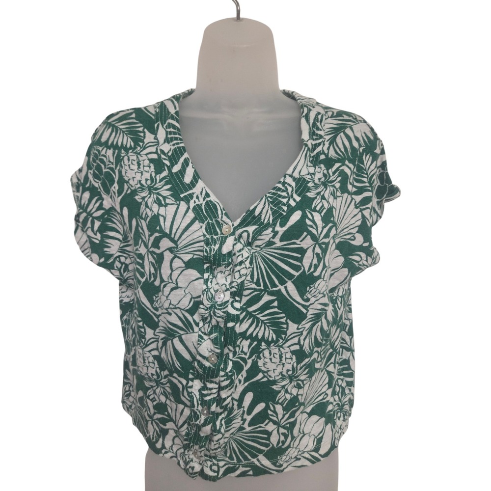 Joie 100% Linen Tropical Floral Button Front Blouse Top Green White Small S